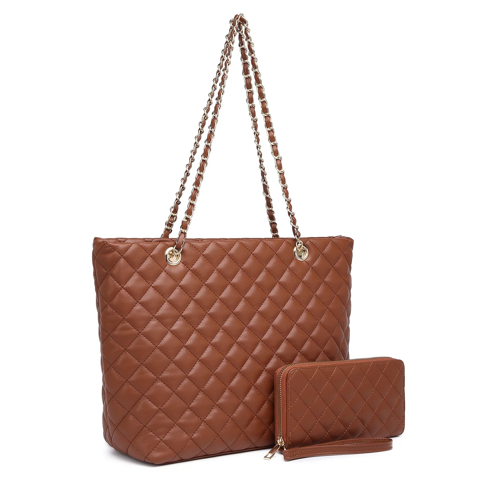 Poppy Quilted Women Handbags Purses Leather Tote Bag Satchel Wallet Set 2Pcs Chain Strap Shoulder Bag Classic