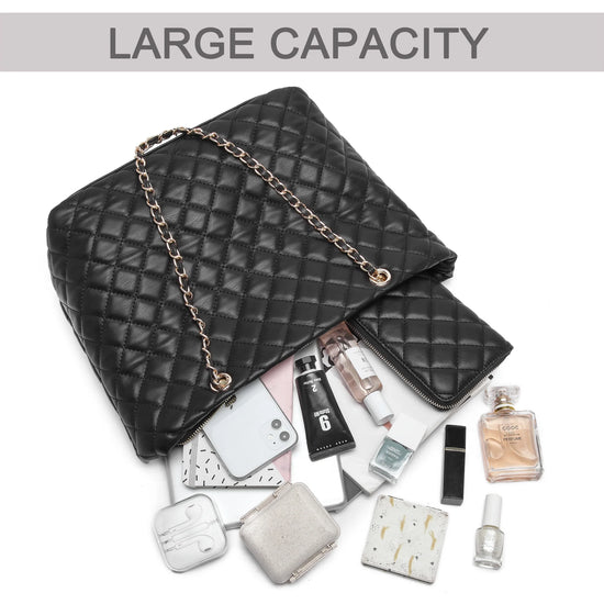 Poppy Quilted Women Handbags Purses Leather Tote Bag Satchel Wallet Set 2Pcs Chain Strap Shoulder Bag Classic