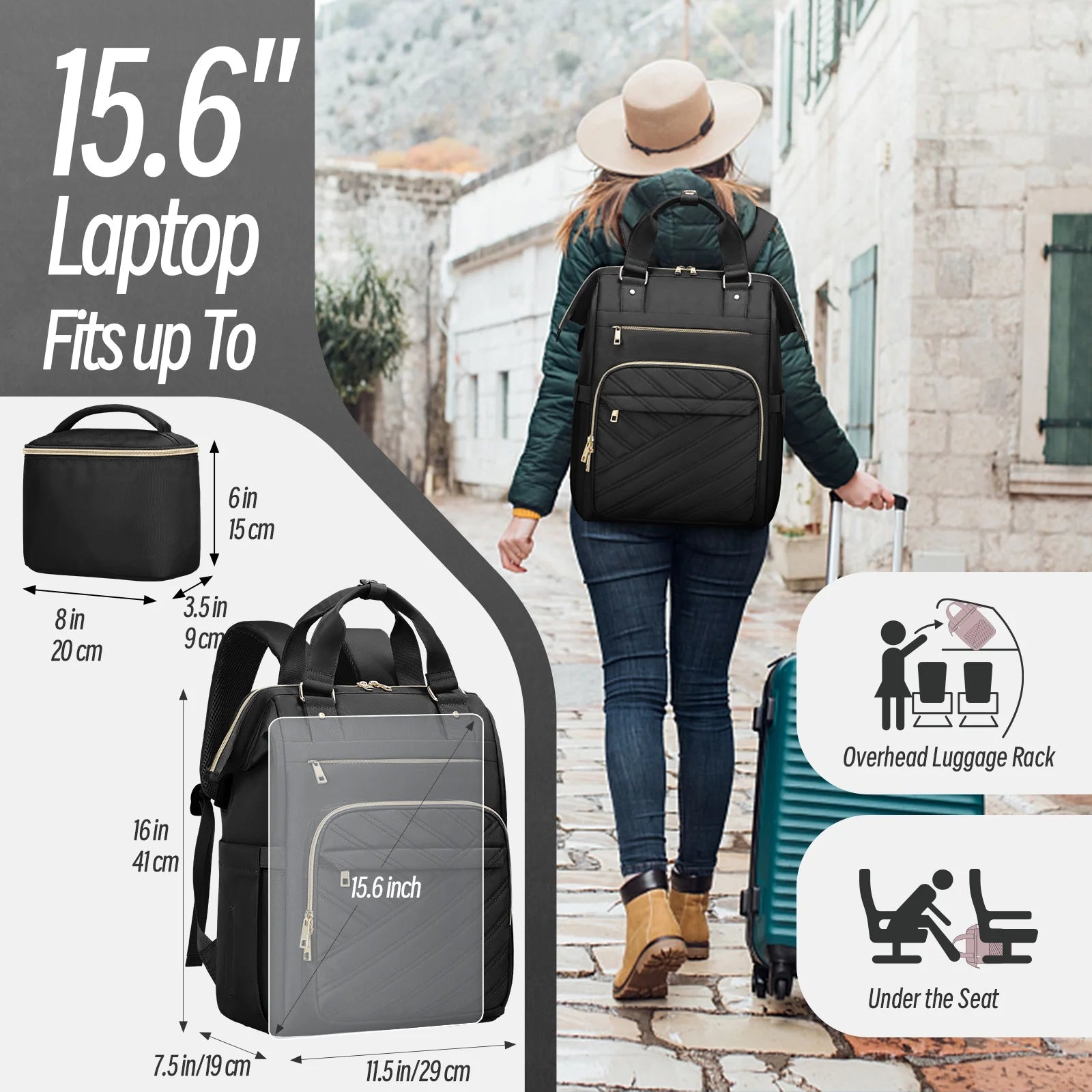 15.6" Laptop Backpack for Women, Stylish Backpack Purse, Waterproof Teacher Nurse Backpack, College Casual Daypack with USB Port, Black